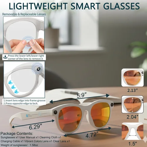 Miniatura 8 de Gafas Inteligentes con Cámara Gafas AI Gafas Bluetooth Lentes Reemplazables, Batería de 48H para Viajes, Conferencias y Vlogging. Traducción, Blanco