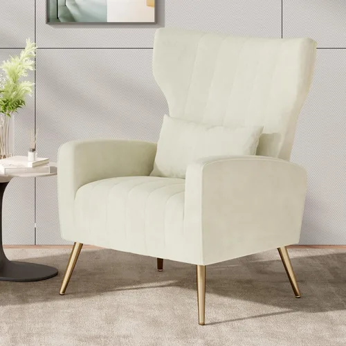 Nalupatio Sillas decorativas de terciopelo, moderno sillón con respaldo alto con almohada lumbar, sillón tapizado de respaldo alto con patas de Beige