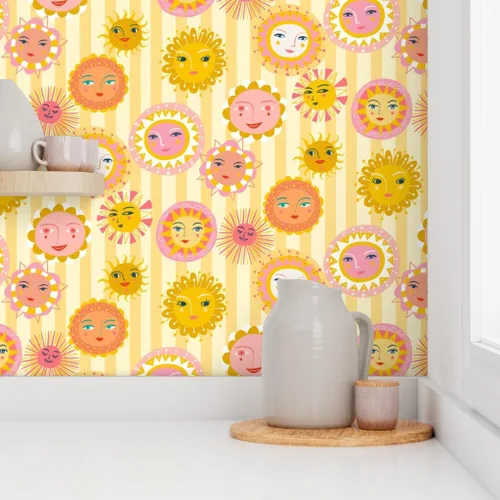 Miniatura 8 de Despegar y pegar papel tapiz muestra – Círculos de pequeña escala del sol, rayos de sol meteorológico, habitación de los niños, papel tapiz