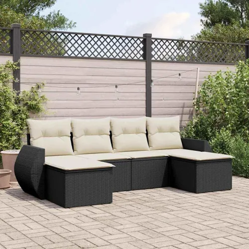 6-Piece Garden Sofa Set in Black and Cream White, Modern Outdoor Furniture with PE Rattan and Removable Cushions, Water-Resistant Patio Seating for