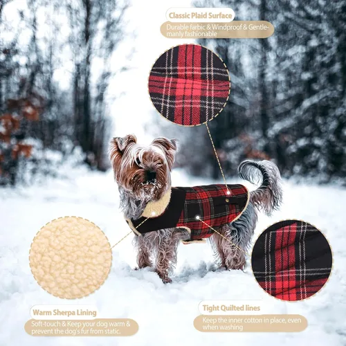 Miniatura 5 de Abrigo de invierno para perros pequeños y medianos, chaqueta a cuadros para cachorros, abrigo de algodón para clima frío, prendas cálidas y Rojo