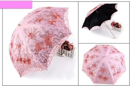 Miniatura 12 de Honeystore Sombrilla bordada con flor 3D plegable UV con encaje clásico