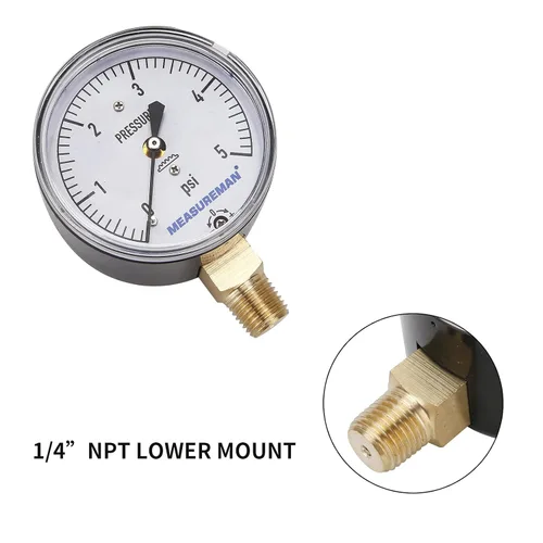 Miniatura 6 de MEASUREMAN Medidor de Presión de Tipo Diafragma en Cápsula de Baja Presión, Esfera de 2-1/2", Montaje Inferior de 1/4" NPT, Ajustable, 0-5 Psi