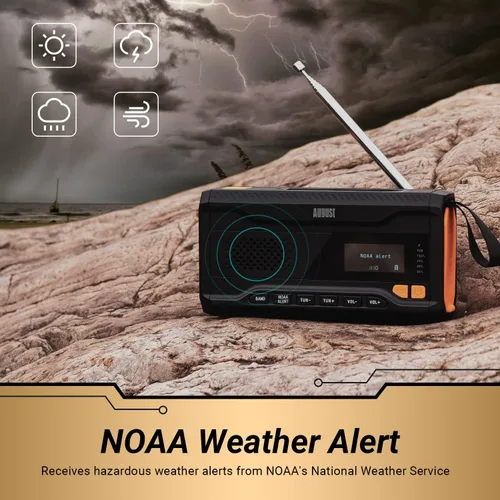 Miniatura 3 de Radio de manivela de emergencia - August MB291B - Radio meteorológica portátil NOAA y banco de energía portátil AM/FM 4500mAh con carga solar