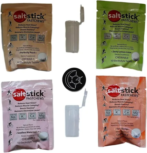 SaltStick FASTCHEWS® Paquete de 4 Pruébalos todos con dos tubos e imán listos para la carrera, viene con naranja, limón y lima picante,