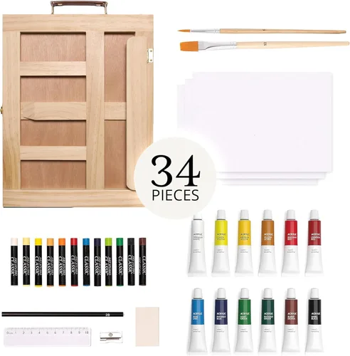 Miniatura 3 de Artistik Mixed Media Easel Art Set – Juego de pintura de caballete de escritorio de madera de 34 piezas con pinturas acrílicas, 3 tableros de lienzo