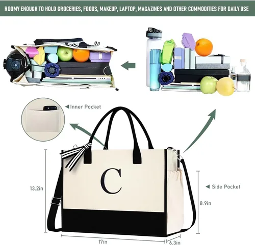 Miniatura 4 de Bolsa de Lona con Inicial - Bolsas de Compras Reutilizables, Canasta de Regalos de Cumpleaños para Damas de Honor, Amigas y Maestras for