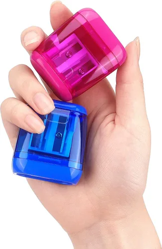 Miniatura 5 de Paquete de 4 sacapuntas manuales de doble agujero con tapa para niños, escuela, oficina, hogar (azul, verde, naranja, rosa)