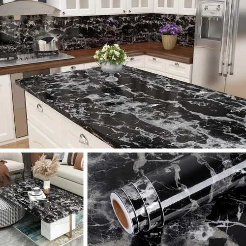 Livelynine Papel de Contacto para Encimera Despegar y Pegar Impermeable Papel para Encimera de Cocina Papel Tapiz de Mármol Negro para Baño Cubierta
