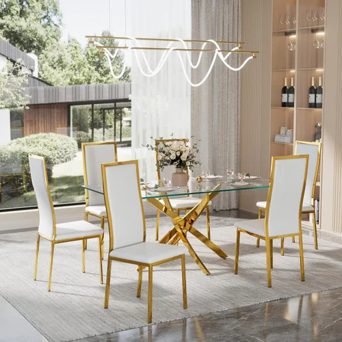 Miniatura 24 de Juego de 4 sillas de comedor modernas, de piel sintética blanca con patas de metal cromado dorado, diseño de respaldo alto curvo y acolchado