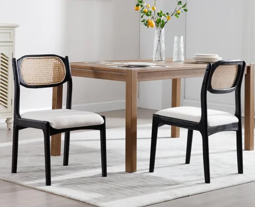 Miniatura 3 de EALSON Juego de 2 sillas de comedor de ratán estilo granja, modernas de mediados de siglo, sillas auxiliares de cocina tapizadas de lino