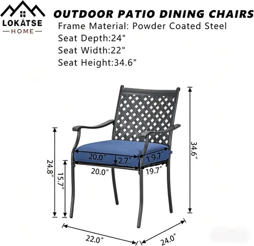 Miniatura 2 de LOKATSE HOME Juego de 4 sillas apilables para exteriores, sillas de comedor de hierro forjado con cojines y reposabrazos, juego de muebles de metal