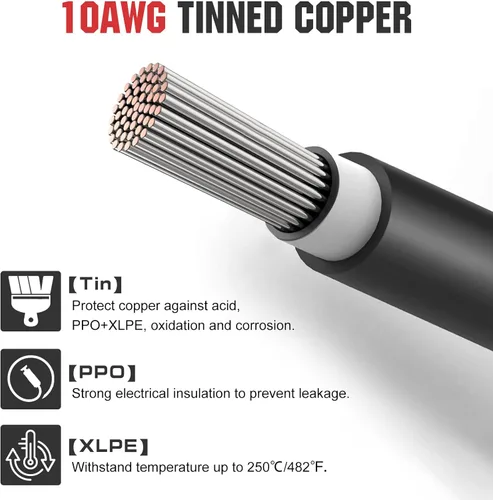 Miniatura 2 de ECO-WORTHY - Cable de extensión solar de 10 pies y 10 AWG, 30A/1000V CC, impermeable IP67 con conectores rápidos compatibles (rojo+negro)