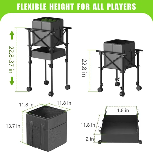 Miniatura 6 de Recogida de pelotas de tenis con ruedas - Cesta de pelotas de tenis plegable y ajustable en altura con bolsa de almacenamiento de pelotas
