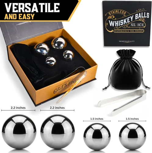 Miniatura 2 de G&J's Finest Premium - Juego de 4 bolas de acero inoxidable para whisky, 2 bolas extragrandes y 2 de gran tamaño con bolsas para congelador y pinzas