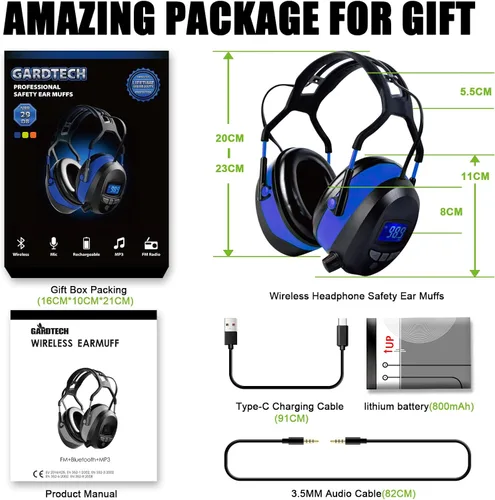 Miniatura 3 de Gardtech Protección auditiva con Bluetooth, orejeras de radio FM, NRR 29dB, auriculares de protección auditiva con cancelación de ruido con MP3