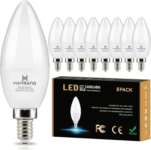 Miniatura 12 de Paquete de 8 bombillas LED E12 de 4000 K luz natural, base pequeña tipo B para candelabro, equivalente a 6 W, 60 W, bombillas para ventilador de Luz