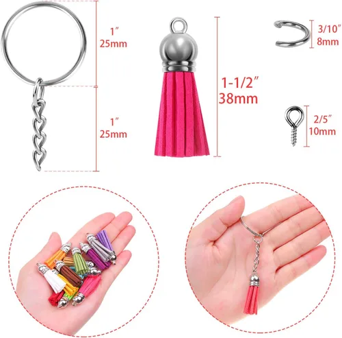 Miniatura 4 de Cridoz Juego de llaveros con borlas, 400 piezas, incluye borlas, llavero, anillos para saltar y pasadores de ojo de tornillo para llavero acrílico
