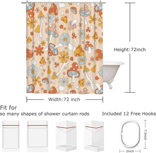 Miniatura 5 de Cortina de ducha retro bohemia para baño con 12 ganchos, moderna cortina de ducha abstracta de mediados de siglo, estilo bohemio, cortina divertida