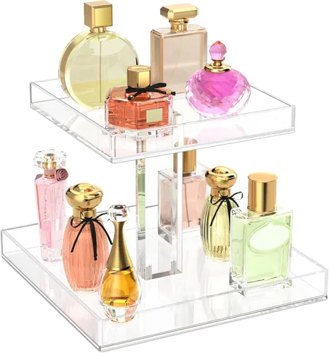 NIUBEE Organizador de almacenamiento de cosméticos de baño acrílico de 2 niveles para tocador y encimera, bandeja de perfume de pie para decoración