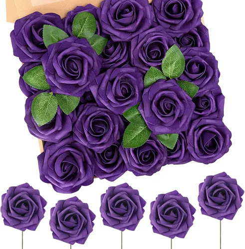 N&T NIETING Flores artificiales, 50 unidades, rosas falsas de espuma de color morado polvoriento de aspecto real con tallos para ramos de boda DIY,