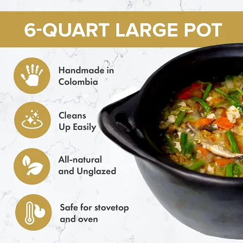 Miniatura 3 de Olla Auténtica Chamba para Sopa y Frijoles - Elegante Olla Holandesa Artesanal de Arcilla Negra con Tapa - Perfecta para Sopas, Frijoles, Caldos