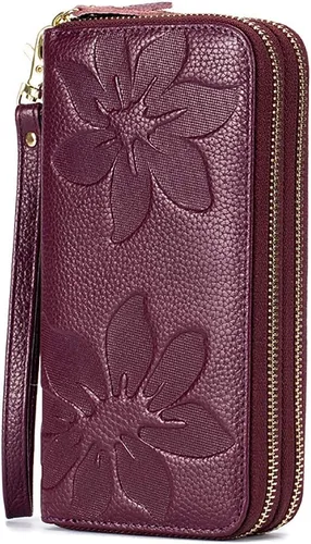 Miniatura 2 de Cartera de cuero para mujer con bloqueo RFID, bolsillo para teléfono inteligente con doble cremallera,Ranuras para efectivo de gran capacidad