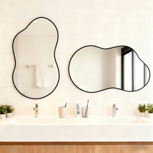 Miniatura 6 de Itrue Espejo asimétrico negro de 20 x 36 pulgadas, espejo de pared irregular, espejo de baño de vidrio templado para sobre el fregadero, sala