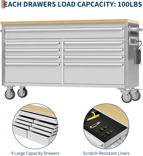 Miniatura 4 de GarveeTech Caja de herramientas de 61 pulgadas, caja de herramientas móvil con 9 cajones, armario rodante con ruedas, sistema de bloqueo de llave