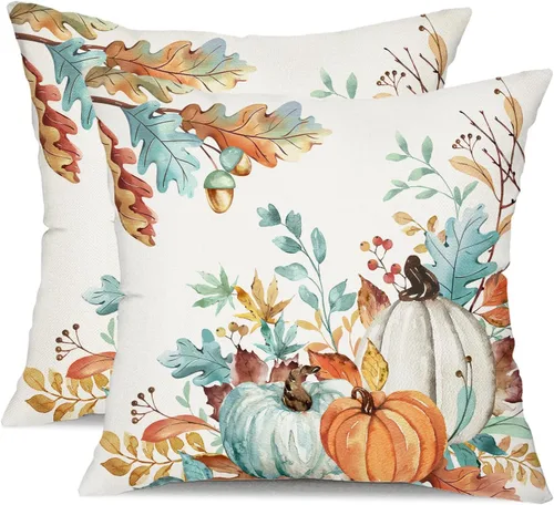 Miniatura 14 de DFXSZ Fundas de almohada de otoño de 16 x 16 pulgadas, juego de 2 fundas decorativas de otoño de hojas caídas de calabaza en acuarela azul y verde