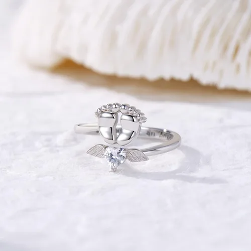 Miniatura 4 de SVODEA Anillo abierto de pies de bebé para mujer, plata de ley 925 con circonita cúbica creada con alas de ángel, anillos ajustables, delicado