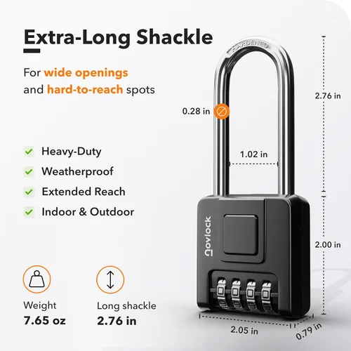 Miniatura 2 de Cerradura de combinación de grillete largo de 2.76 pulgadas para exteriores e interiores, resistente, resistente a la intemperie, seguridad de 4