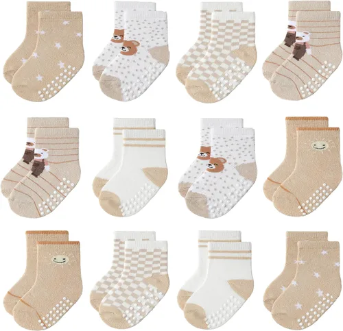 JAKIDAR Paquete de 12 calcetines antideslizantes para bebé, calcetines de algodón suave para niños y niñas, lindos y elásticos con suela