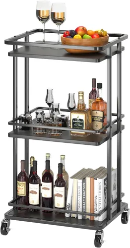 XYZLVSI Carrito de barra de servicio rodante de 3 niveles, carrito de almacenamiento de isla de cocina de madera y metal con ruedas, estante de