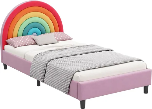 Miniatura 5 de SOFTSEA Base de cama tamaño individual con diseño de arco iris para niños, cama tapizada individual con cabecera arcoíris, cama de princesa, linda