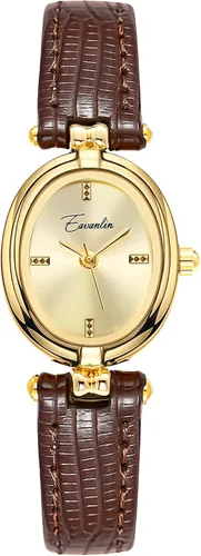 CARLIEN Reloj de pulsera de cuarzo ovalado dorado pequeño para mujer, correa de cuero vintage, impermeable, de lujo, casual, color marrón y negro