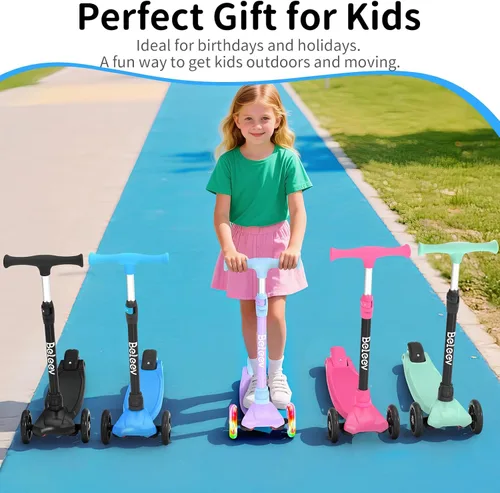 Miniatura 8 de BELEEV Patinetes para Niños de 3 Ruedas Patinete de Empuje para Niños Pequeños Niñas y Niños, 4 Alturas Ajustables, Inclinarse para Dirigir, Ruedas