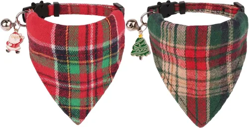 Miniatura 7 de PTDECOR Paquete de 2 Collares de Navidad para Gatos, Collar a Cuadros con Cascabel de Moño Extraíble, Collares de Navidad con Moño a Cuadros de Arco