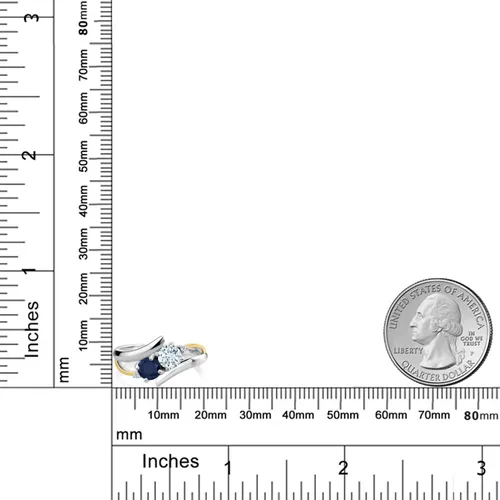 Miniatura 3 de Anillo cruzado de 2 piedras de plata esterlina 925 y oro amarillo de 10 quilates, azul aguamarina, zafiro azul aguamarina y diamante blanco