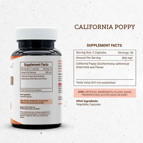 Miniatura 3 de Secrets of the Tribe California Poppy 60 cápsulas, 800 mg, amapola de California (Eschscholzia Californica) Hierba seca y flor (60 cápsulas)