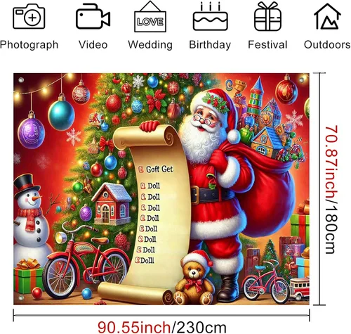 Miniatura 4 de HOMETITUTE Pancarta de Navidad de Papá Noel 8 x 6 pies Lista de Regalos Telón de Fondo Fiesta Navideña Fondo Árbol Muñeco de Nieve Bicicleta