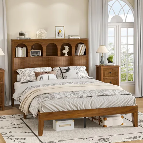 Miniatura 11 de Lxsxlome Base de cama matrimonial con cabecera ondulada, cabecera de almacenamiento con 4 compartimentos de almacenamiento arqueados, marco de cama