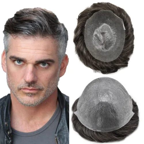 Miniatura 31 de Toupee para hombres pieza de pelo 0.002 in piel ultra fina para hombre Toupee cabello humano gris sistema de reemplazo para hombres sistema