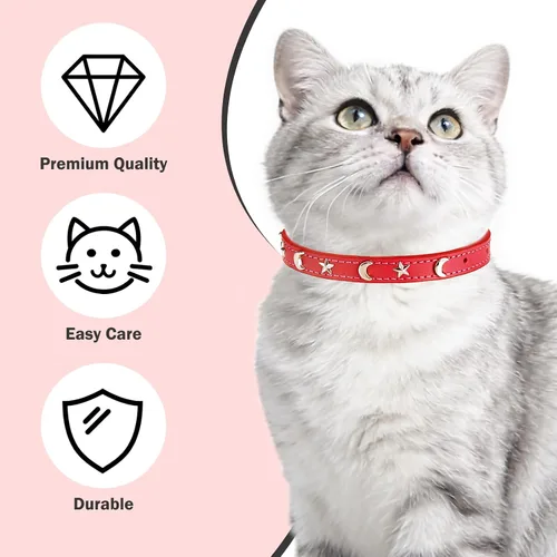 Miniatura 3 de Collares de cuero para gatos niño y niña con cascabel y cinturón elástico de seguridad, collar ajustable con hebilla de seguridad para gatito