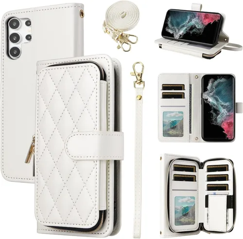 Funda tipo cartera para Samsung Galaxy S22 Ultra 5G con correa de muñeca desmontable, más de 9 ranuras para tarjetas monedero con cremallera, Blanco