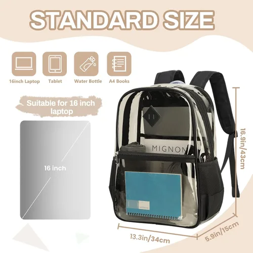 Miniatura 9 de MUSEVOS Mochila transparente, resistente bolsa de libros transparente para escuela, universidad de PVC transparente aprobado por estadios, Negro