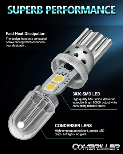 Miniatura 4 de Combriller 194 foco LED blanco 6000K súper brillante 168 2825 W5W T10 con cubierta protectora y diseño hueco, focos LED de repuesto para domo, mapa