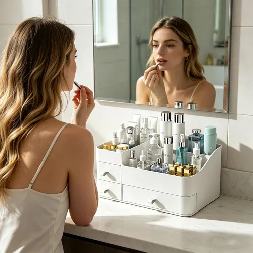 Miniatura 7 de Organizador de maquillaje blanco para tocador, con 3 cajones, gran capacidad, ideal para maquillaje, cosméticos, cuidado de la piel, adecuado