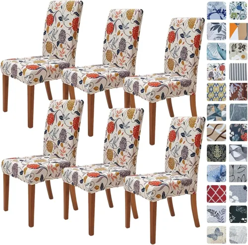 Miniatura 27 de SPRINGRICO Paquete de 6 fundas blancas para sillas de comedor, fundas elásticas para sillas de comedor con diseño floral, de elastano lavable