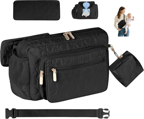 Rexmore Riñonera acolchada acolchada para mamá, bolso cruzado compacto para mujer con cambiador portátil y bolsa de toallitas, organizador de Negro